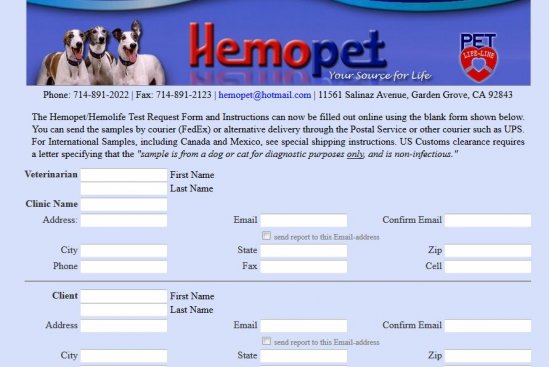 Hemopet Test Request Form